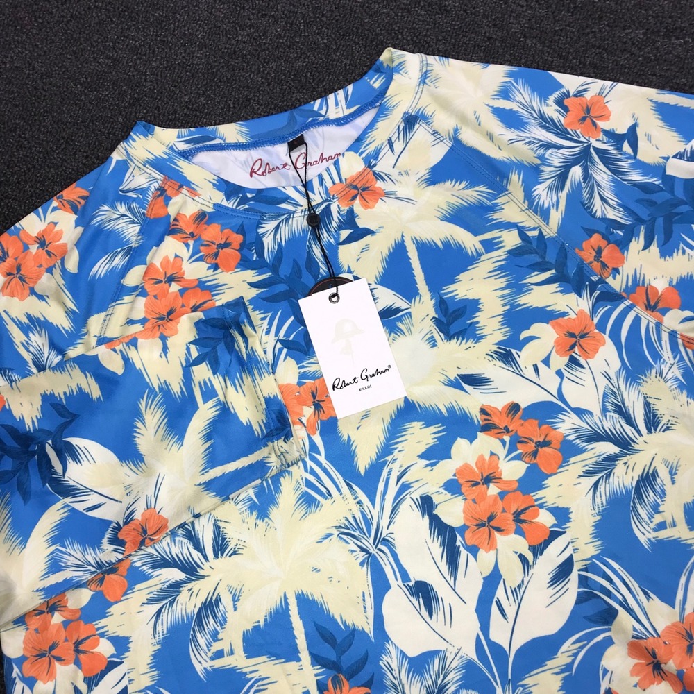 Robert Graham Mens Blue Tropical Floral Palm Print Long Sleeve Rash Guard Swim L